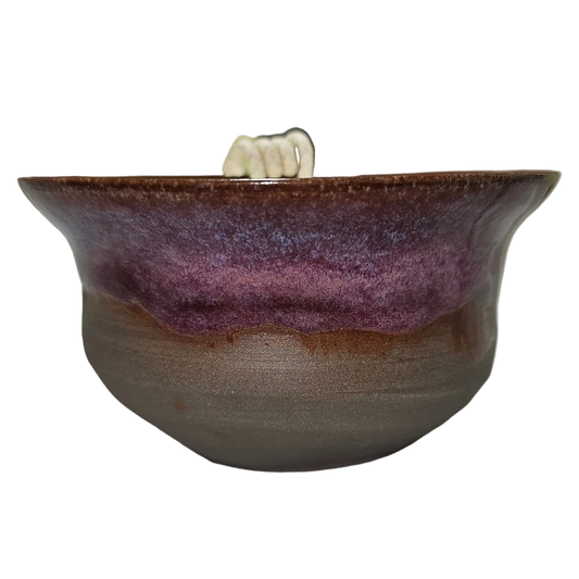 Pottery bowl in colors of pink, red and rusty brown with a natural grey bottom, Soy candle