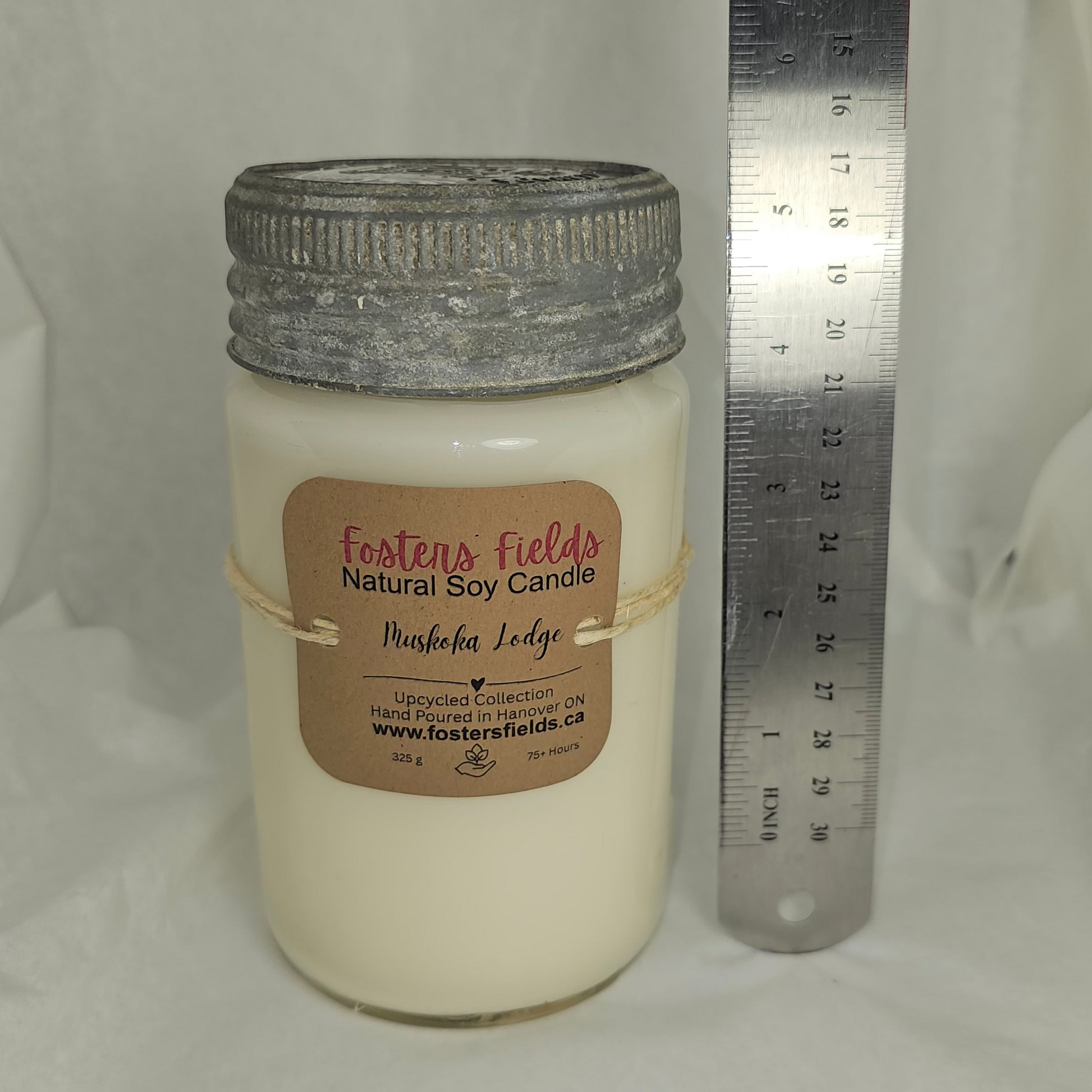 Measurements on an old fashioned glass mason jar soy candle, white wax,metal and glass lid, simple kraft label tied on with help cord