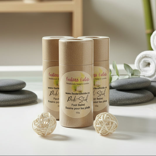 Pedi Stick Foot Bath in a spa setting with rocks and towels