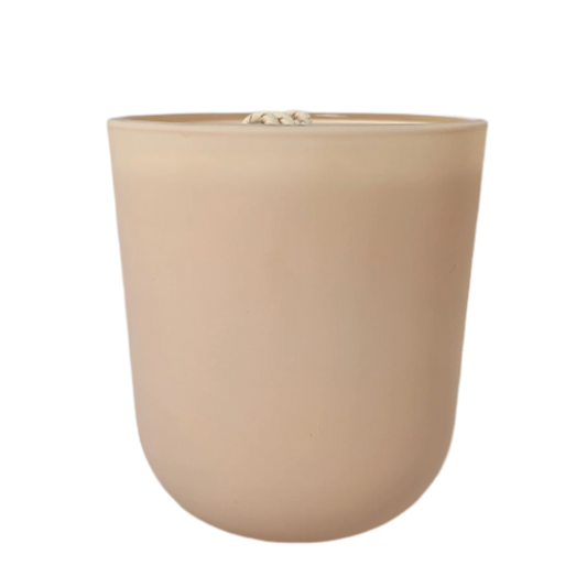 Soy candle in soft beige glass jar with Butter Tart scent

