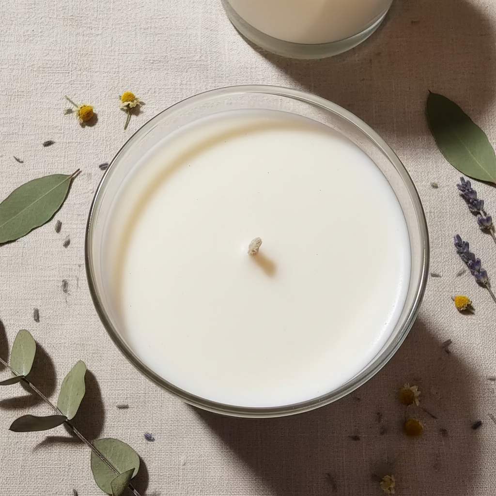 Natural soy candle with cotton wick, top view white wax