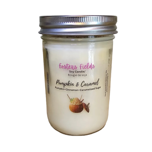 White soy candle poured in a 8oz jam jar with a clear label displaying the candle information