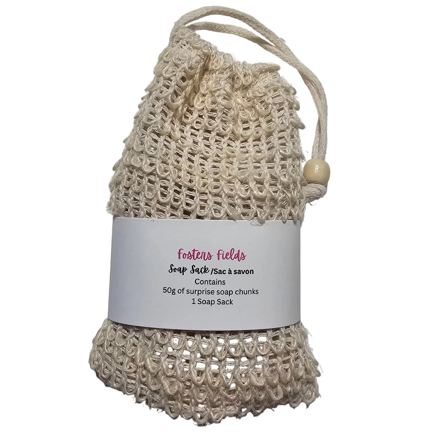 Sisal Soap Sack with soap ends inside, simple white label