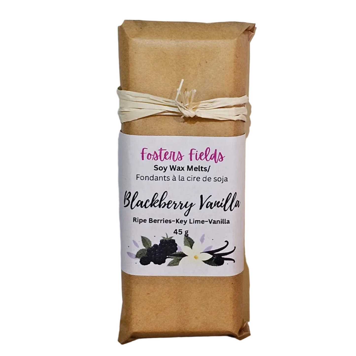A package of Fostens Fields Blackberry Vanilla soy wax melts, wrapped in brown kraft paper and tied with a beige string, featuring a white label with black and pink text and illustrations of blackberries and vanilla.