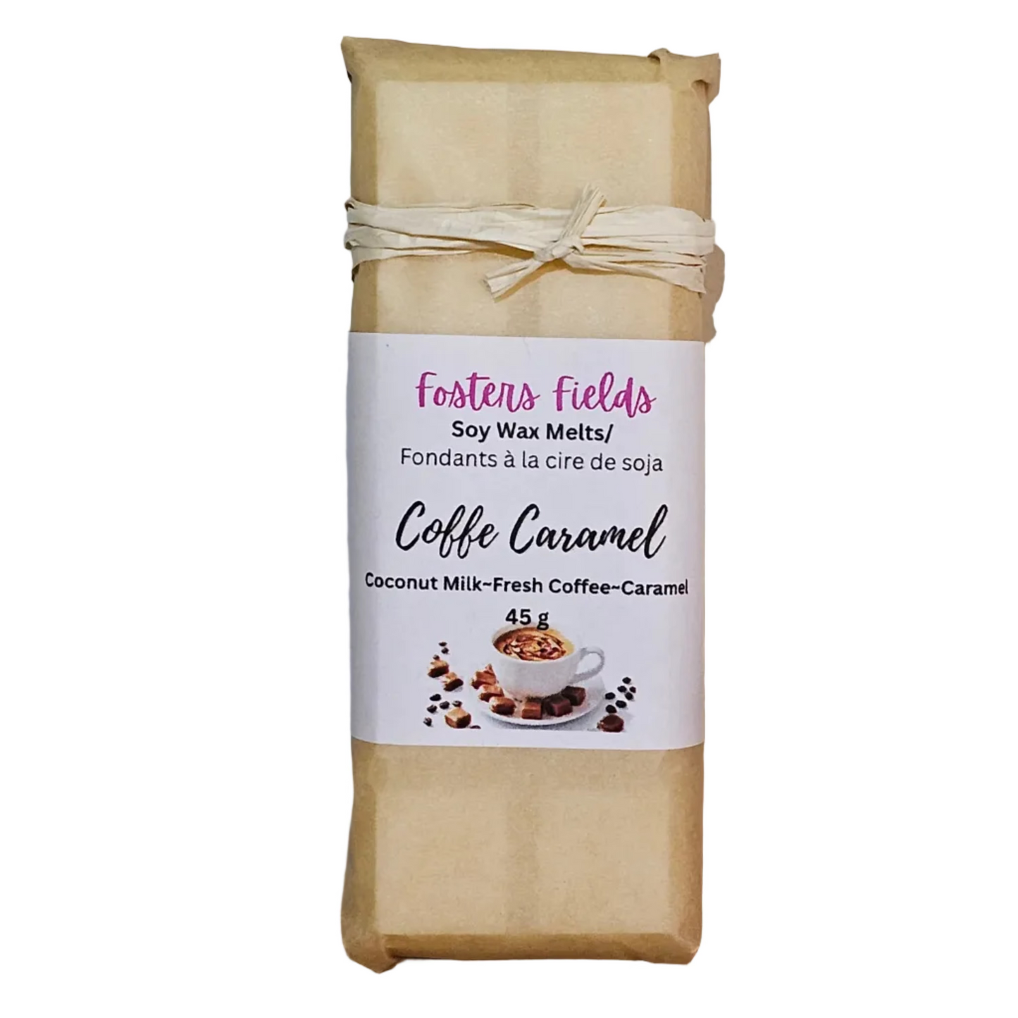 A 45g package of Fortens Fields Coffe Caramel soy wax melts, wrapped in brown kraft paper and tied with a twine bow, featuring a white label with pink and black text.