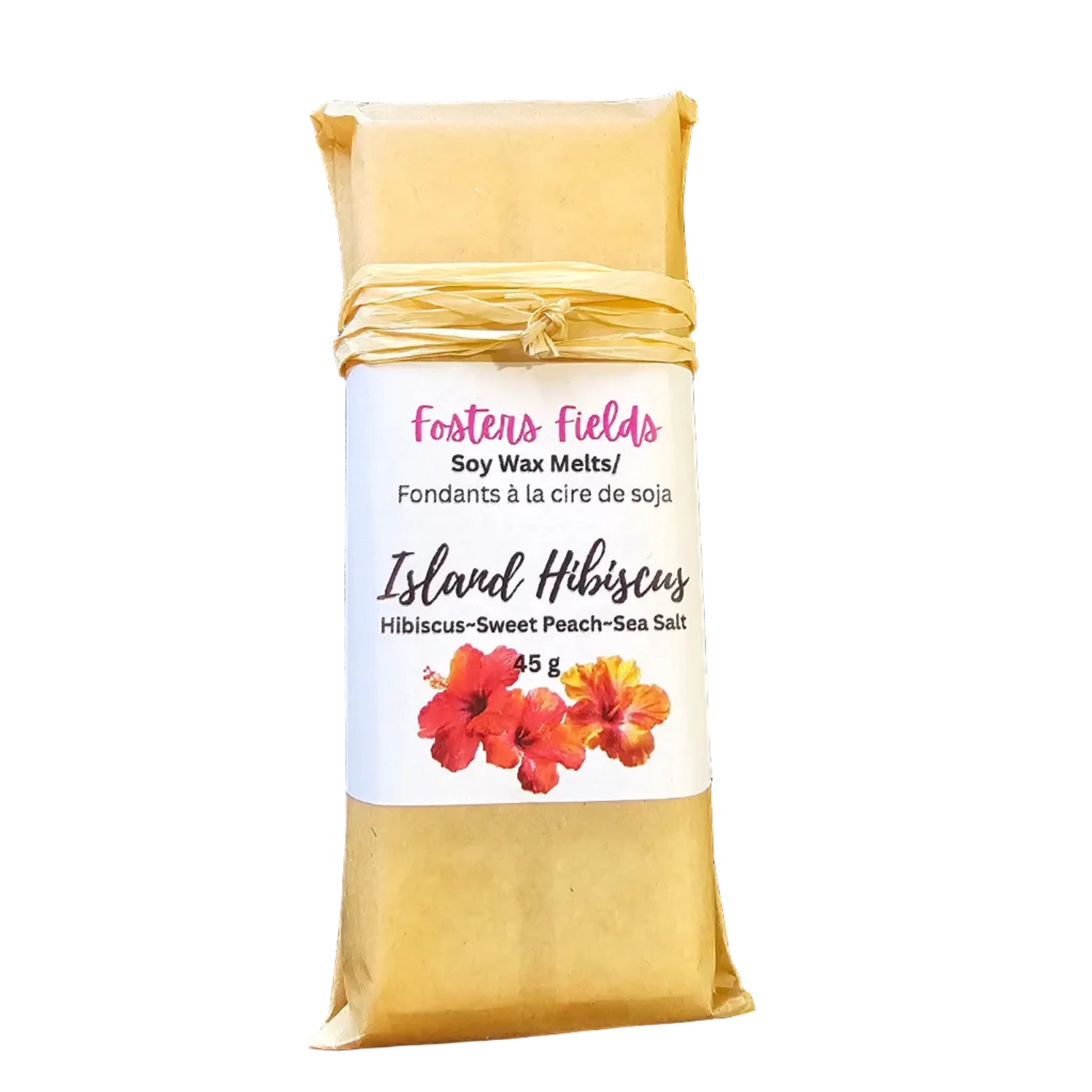 Soy Wax Melts in Island Hisbiscus, wrapped in brown paper and label that is clean and white. FLower details