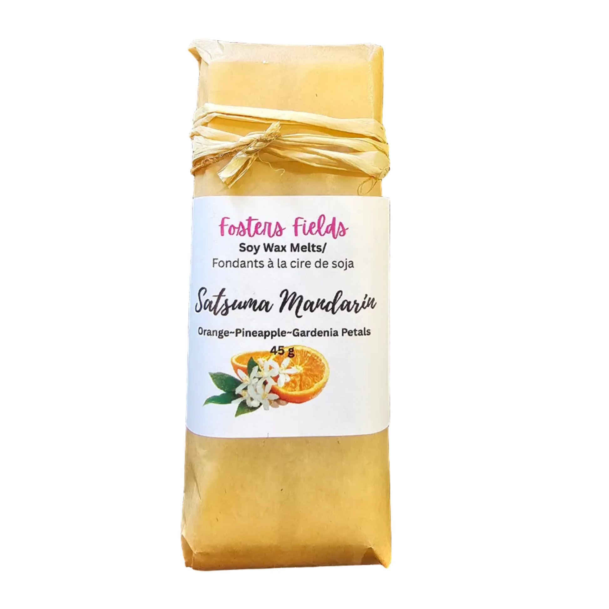 Packaged product with a label on a  white background. Fosters Fields Soy Melts in Satsuma