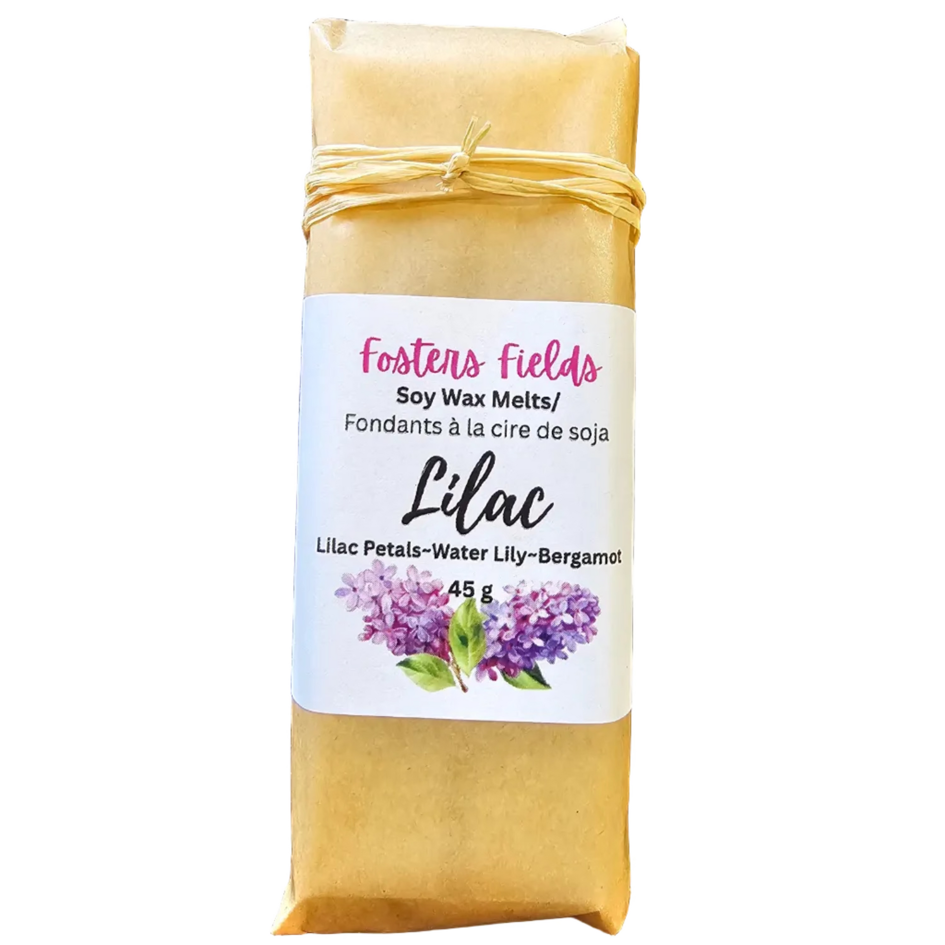 Packaged soy wax melts with a label, Fosters Fields Lilac Soy Melts with a white background