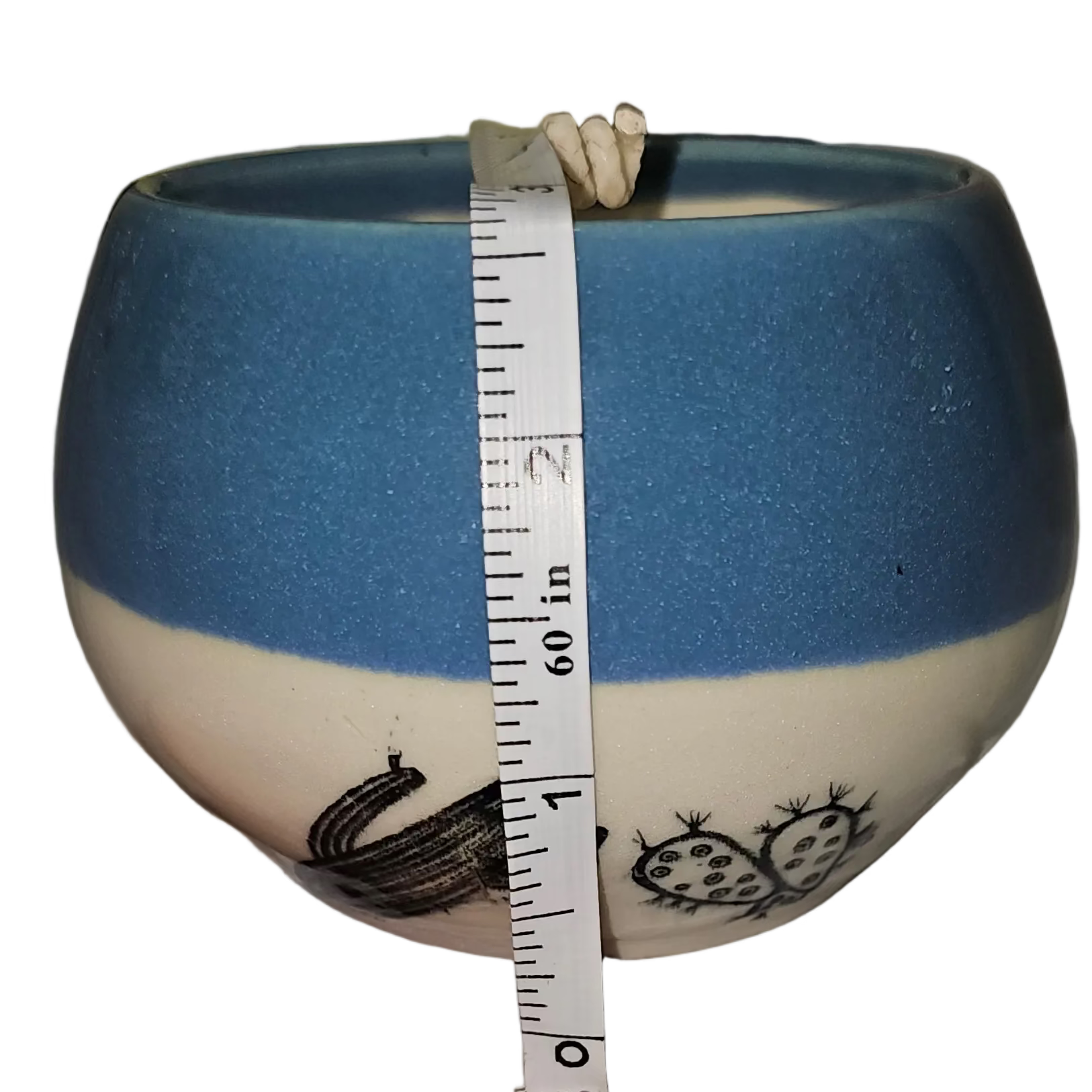 Upcycled pottery vessel candle, view of measurement