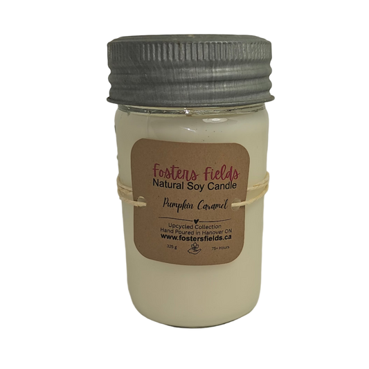 Glass jar, mason crown jar with metal and glass lid, pumpkin caramel scent, kraft brown simple label