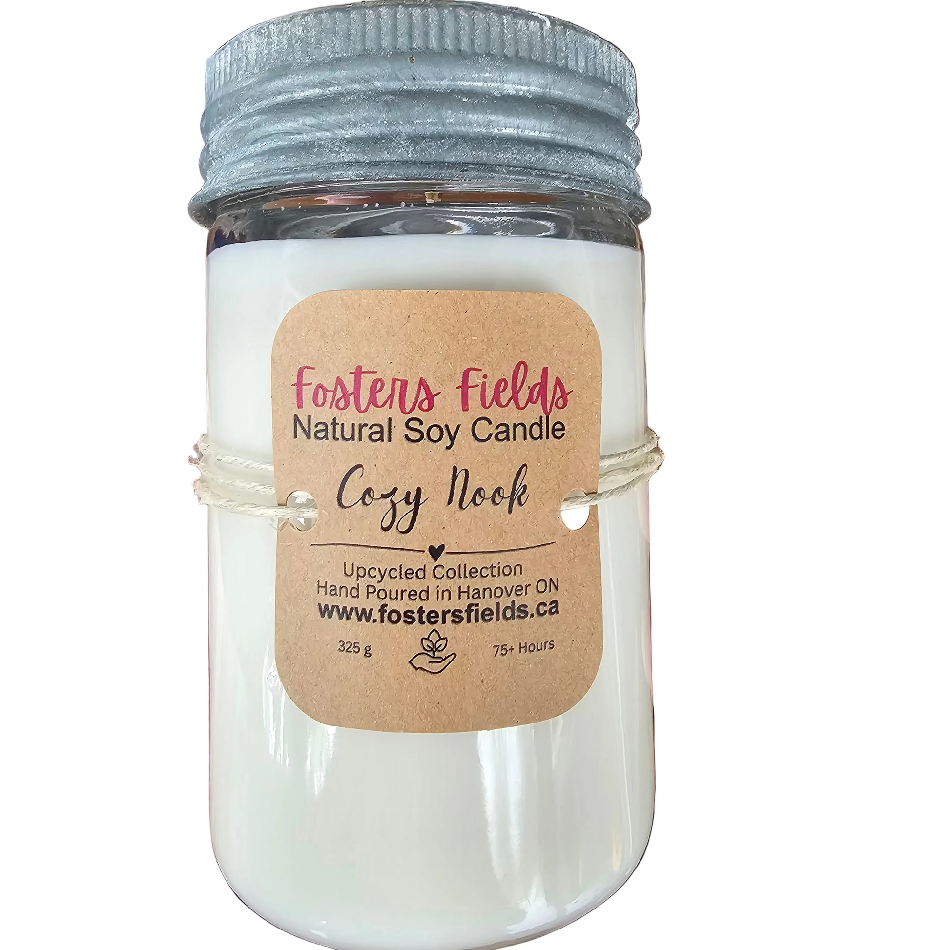 Soy candle poured into an old fashioned pickling jar, white wax with a simple kraft label, tied with jude