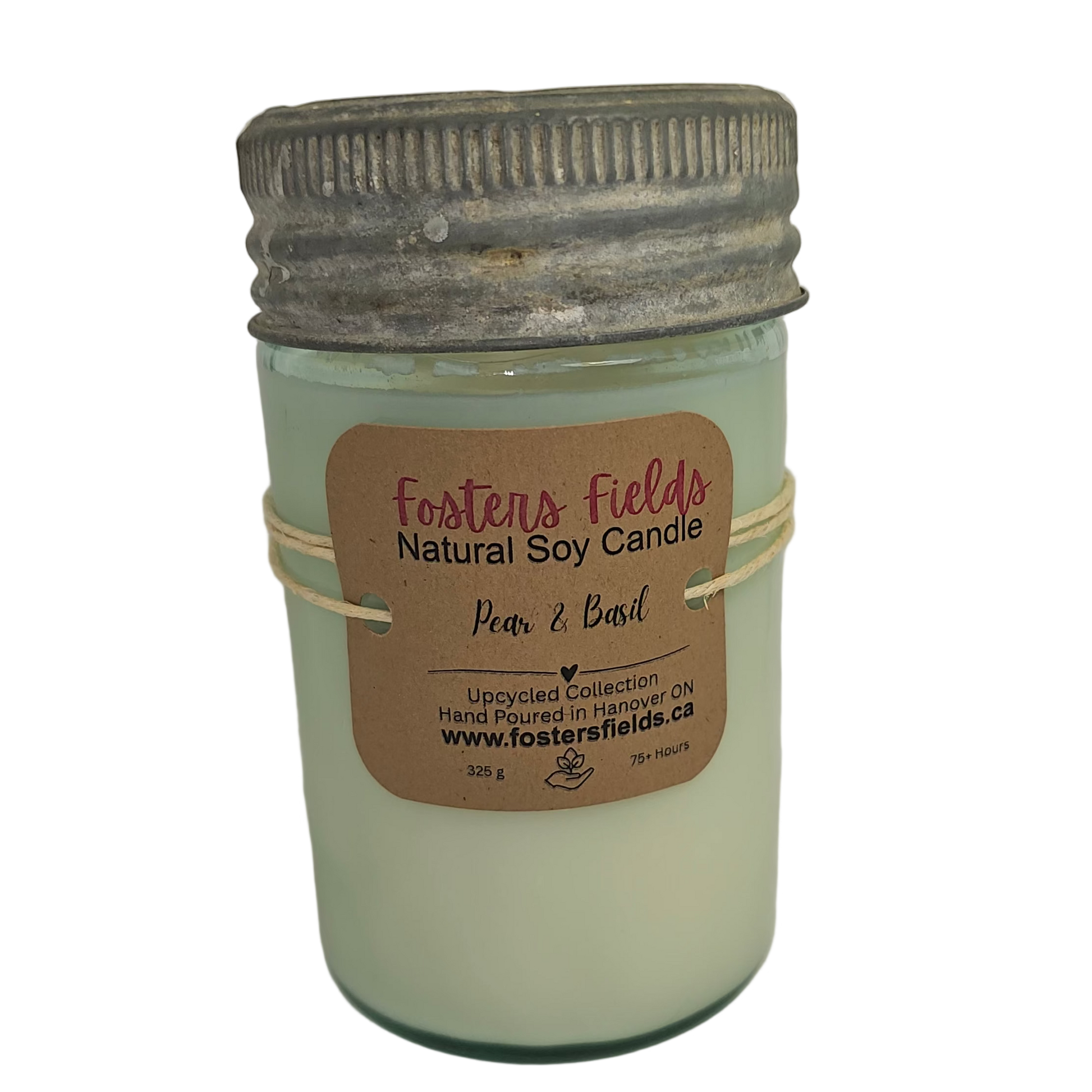 Candle in a glass jar with a metal lid on a white background