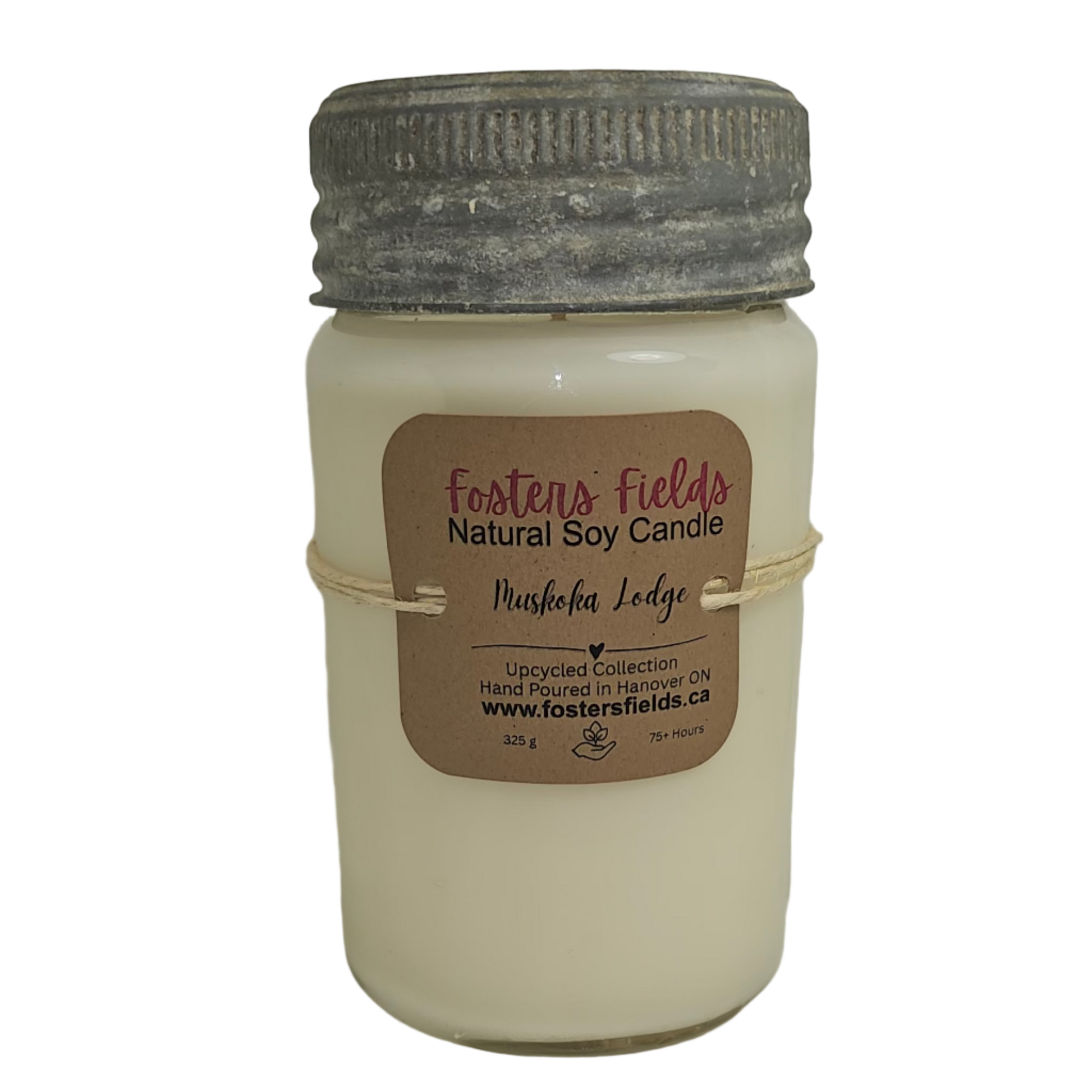 Upcycled soy candle in an old fashion mason jar, glass jar with a metal and glass lid, white candle