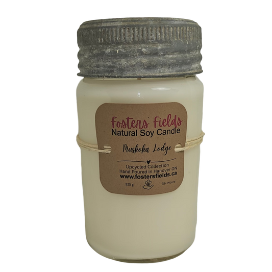 Upcycled soy candle in an old fashion mason jar, glass jar with a metal and glass lid, white candle