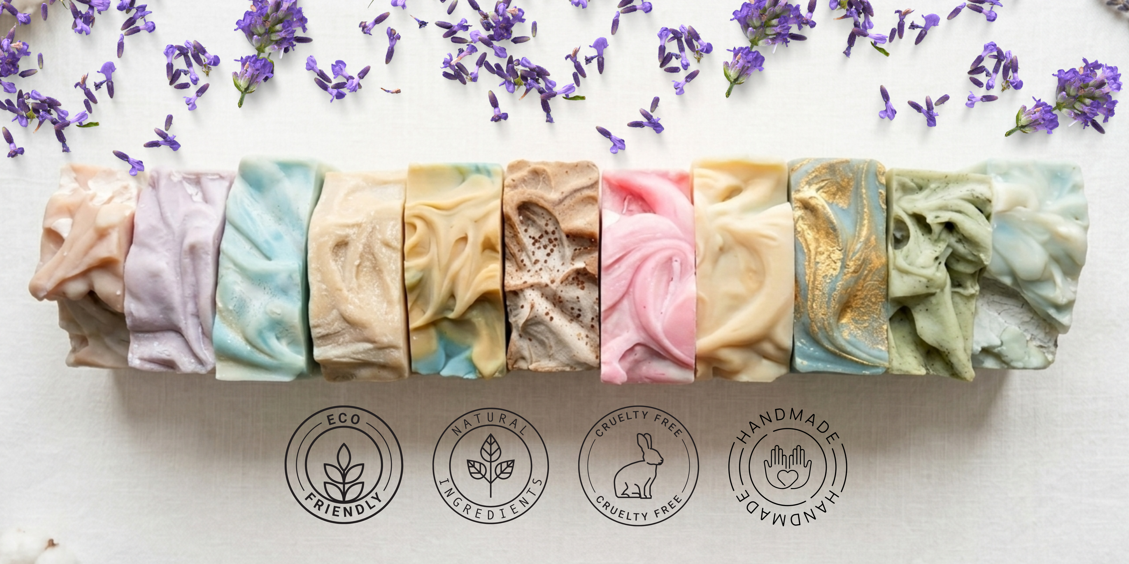 Fosters Fields soap lined up for display, showcasing the beautiful colors. Handmade in Ontario and natural words across it