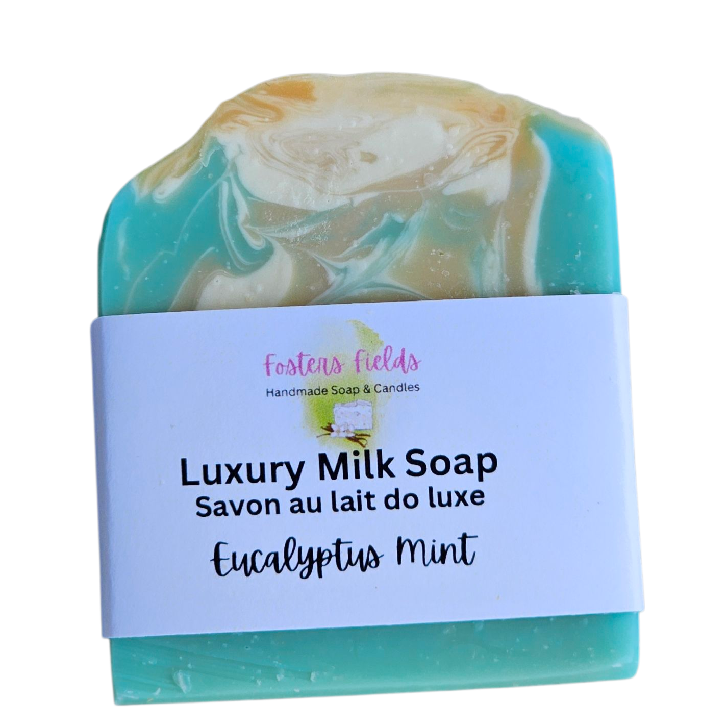 Luxury milk soap bar with a label on a white background, Eucalyptus Mint, handmade soap, green and orange swirls