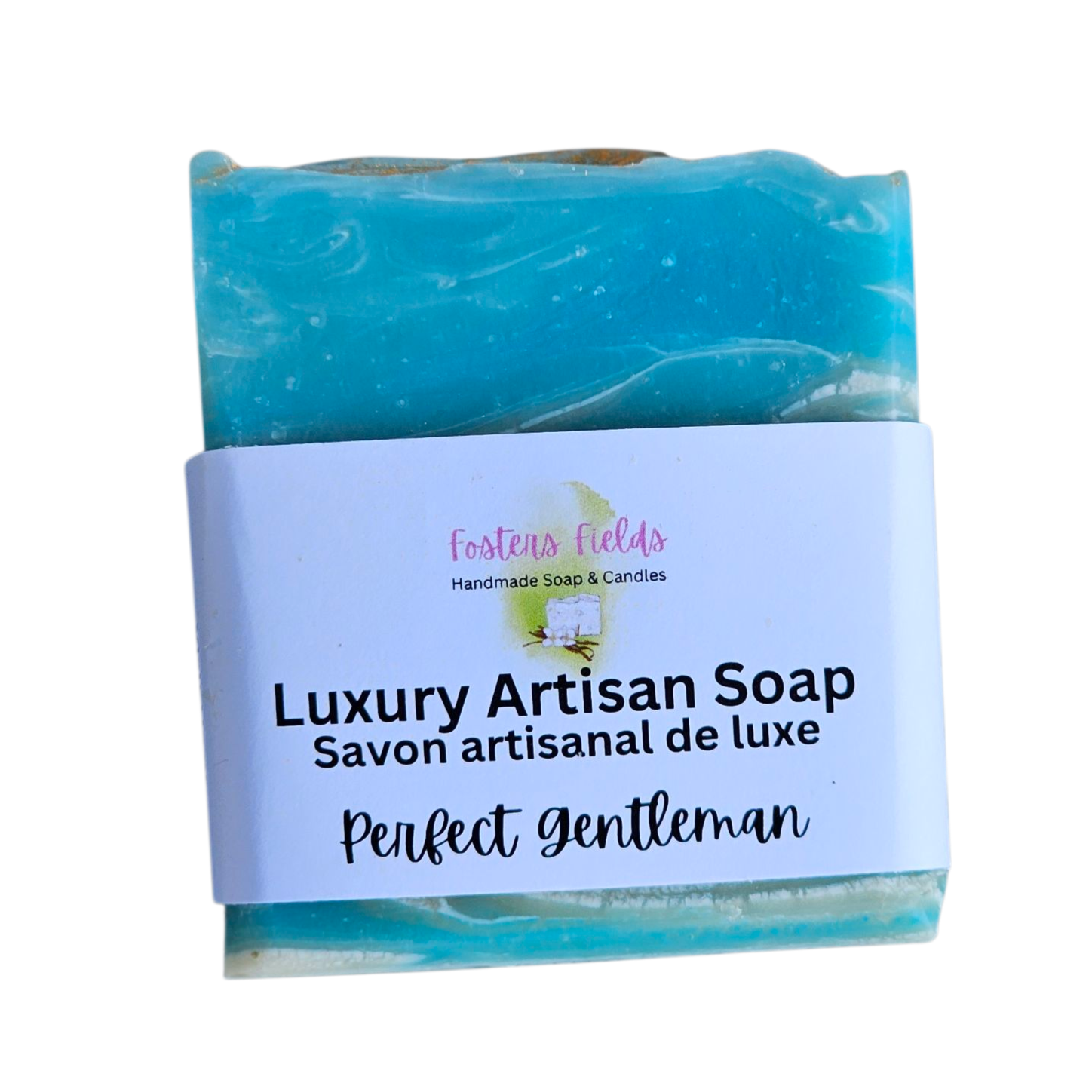 Luxury artisanal soap with a blue and green swirl pattern on a white background, blue and white swirled soap, gentlemans soap