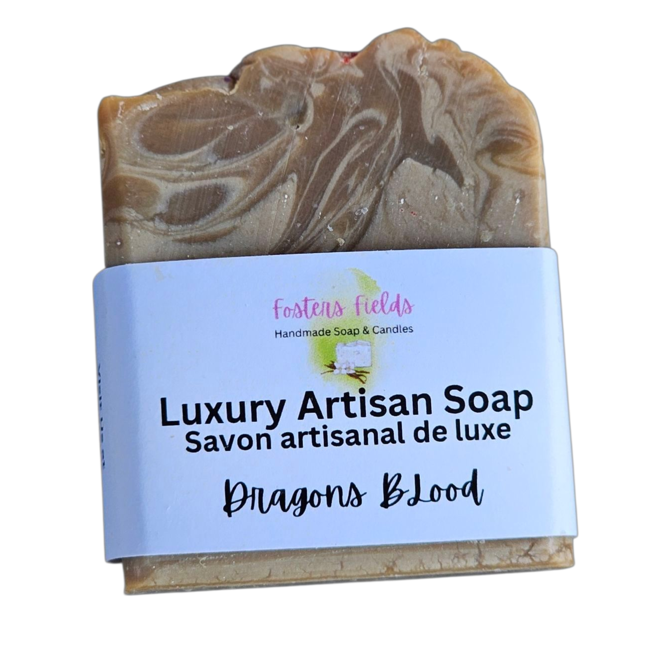 Luxury Artisan Soap with a label on a white background, Dragons Blood, Dark and light browns swirled with white.