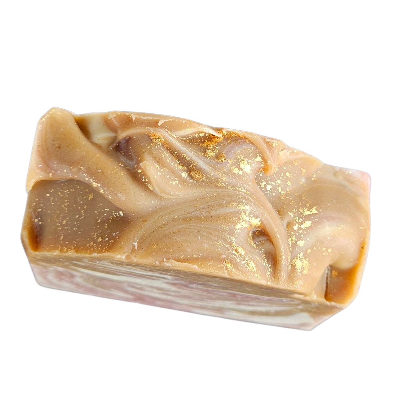 Bar of soap with a marbled design on a white background, top view