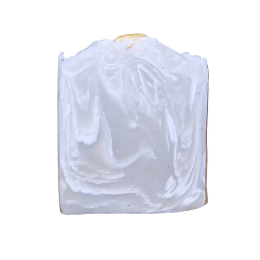 White and beige swirled soap with a textured top
