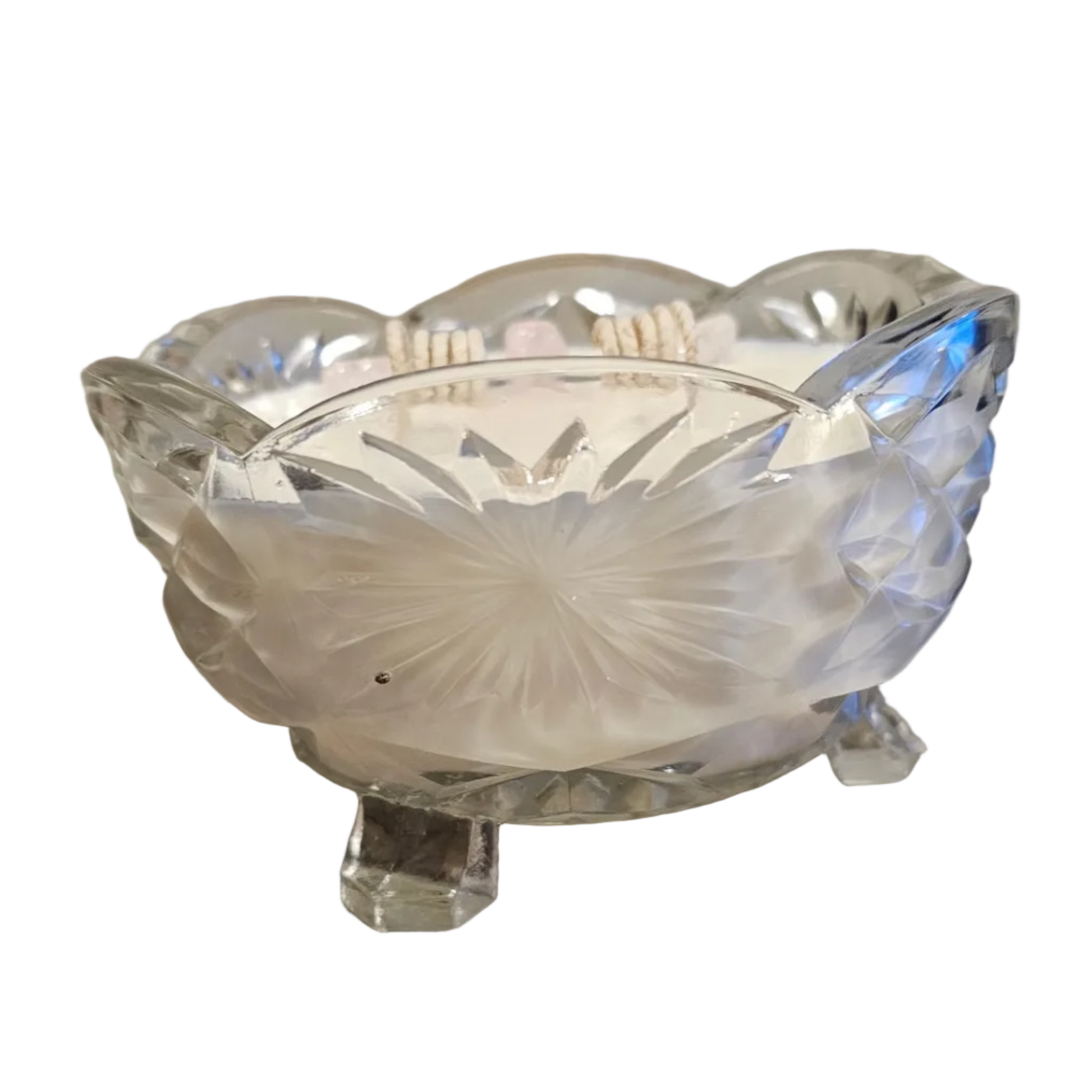 Crystal bowl with feet, hand poured soy wax candle with rose quartz stones on top. 2 wicks curled on top