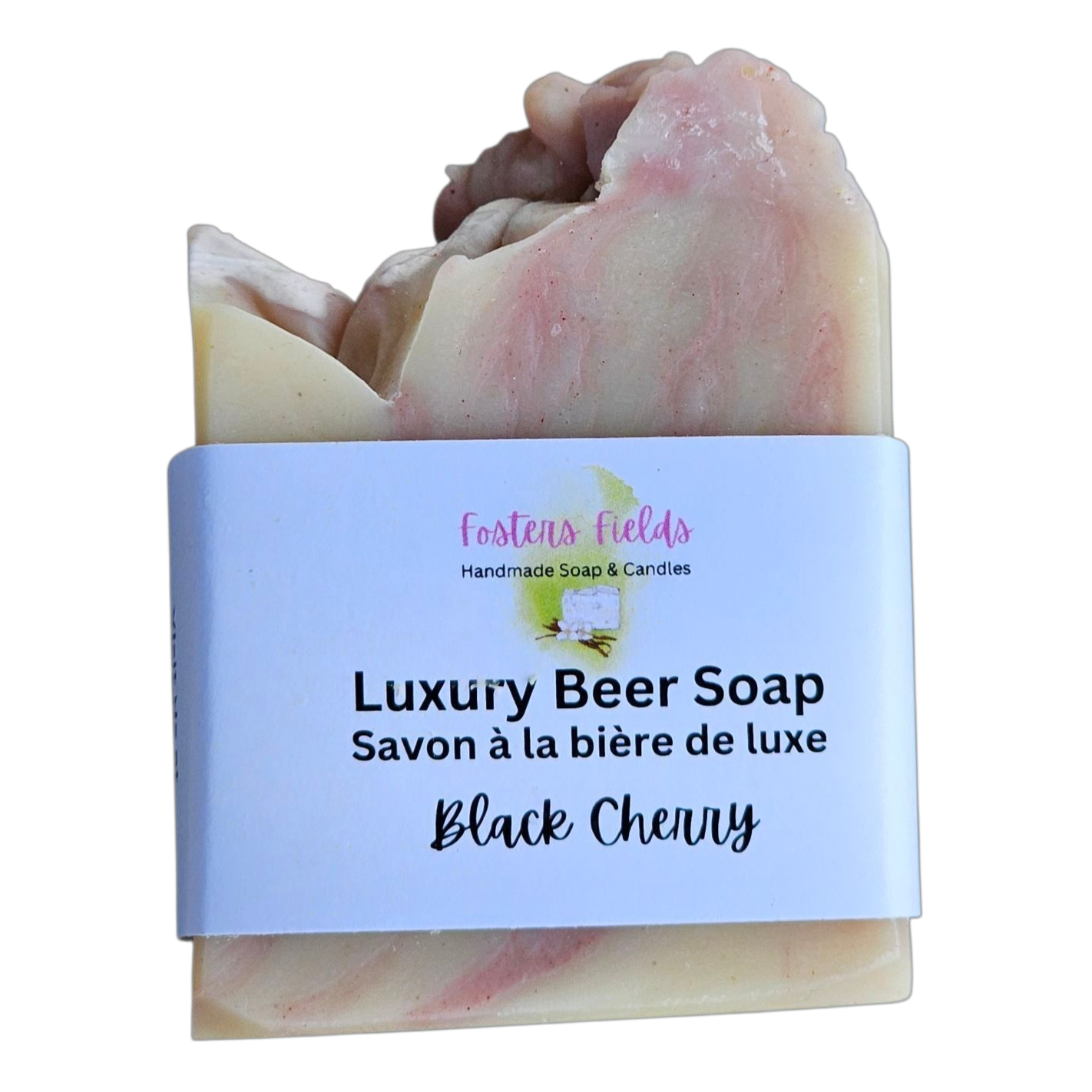 Luxury Beer Soap with a label on a white background, pink and cream swirls, Black CherryHandmade soap bar