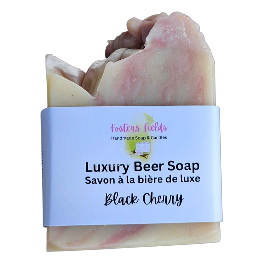 Luxury Beer Soap with a label on a white background, pink and cream swirls, Black CherryHandmade soap bar