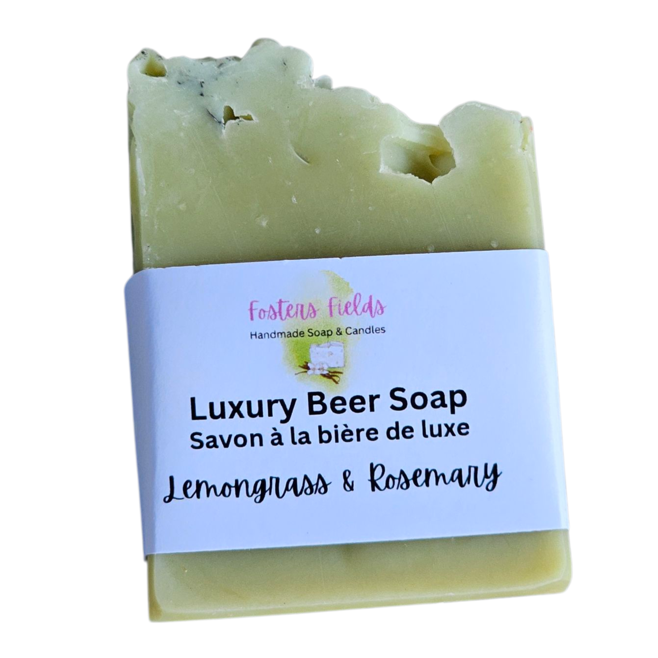 Luxury beer soap with a label on a white background, Lemongrass and Rosemary, green essential oil soap