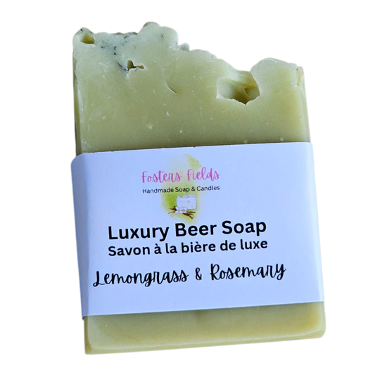 Luxury beer soap with a label on a white background, Lemongrass and Rosemary, green essential oil soap