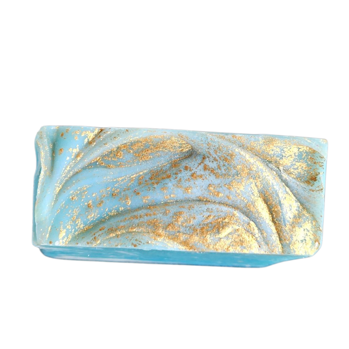 Rectangular soap with gold and blue marbled pattern on a white , background, top view of gentlemans soap