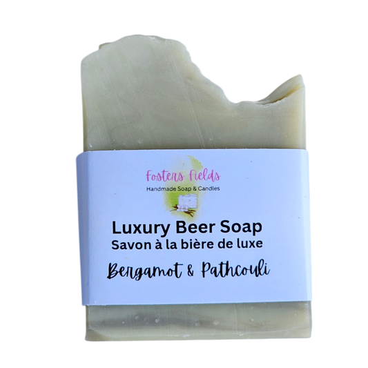 Luxury Beer Soap with a label on a white background, Bergamot Patchouli handmade soap bar