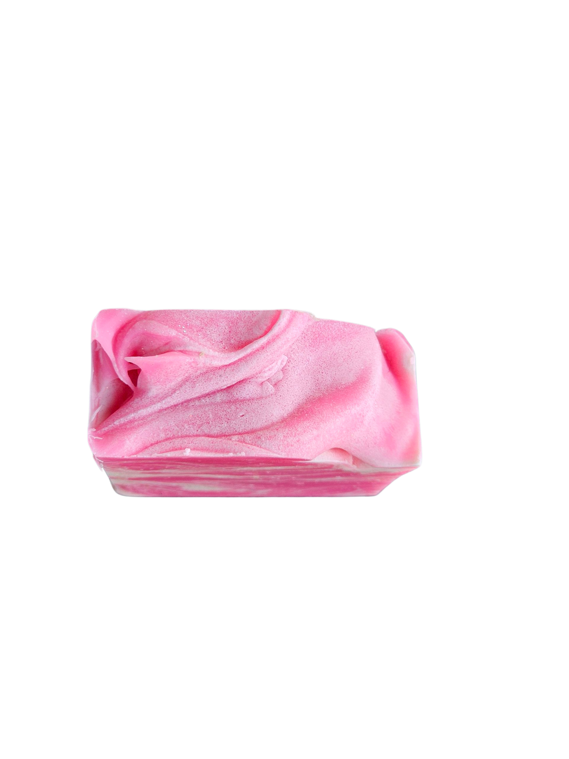 Pink soap bar on a white background, top view of soap bar
