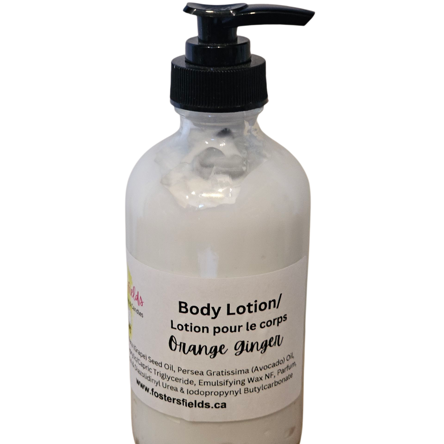 Body lotion bottle labeled 'Orange Ginger' on a white background, Orange Ginger