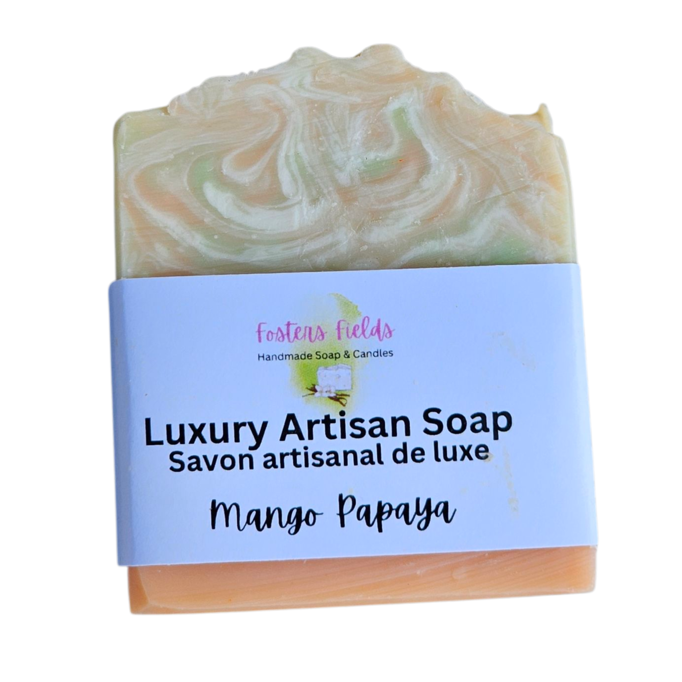 Luxury Artisan Soap with a label on a white background, Mango Papaya, orange and green swirls