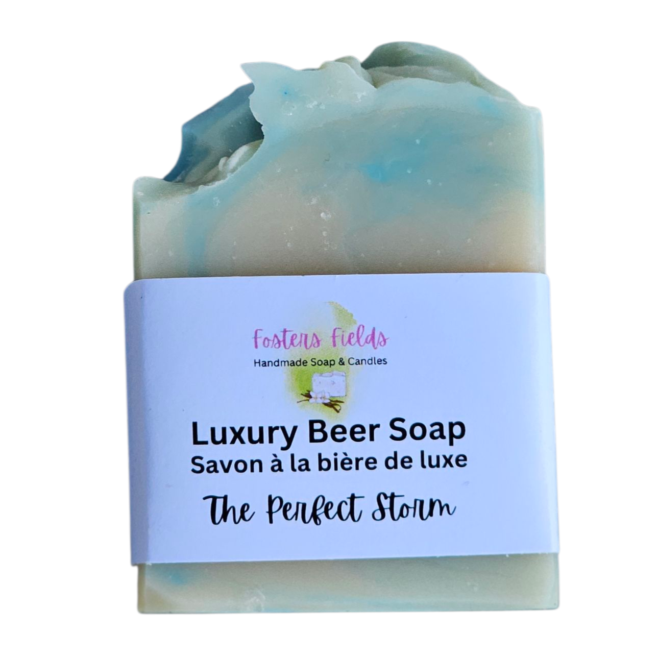 Bar of soap with a label on a white background, neutral and light green soap bar, The Perfect Storm Beer Soap handmade