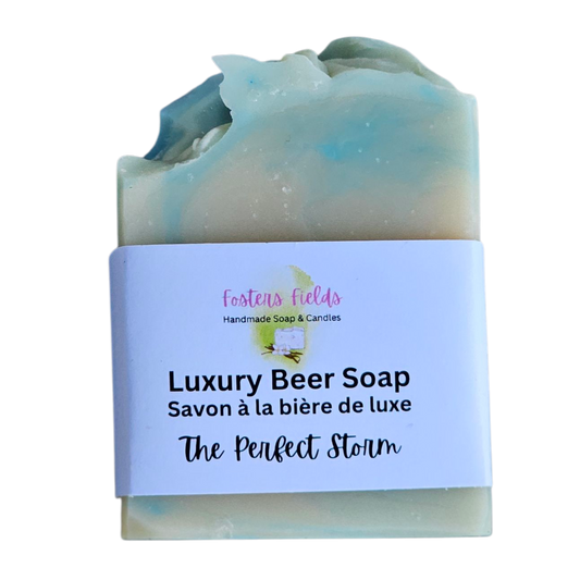 Bar of soap with a label on a white background, neutral and light green soap bar, The Perfect Storm Beer Soap handmade