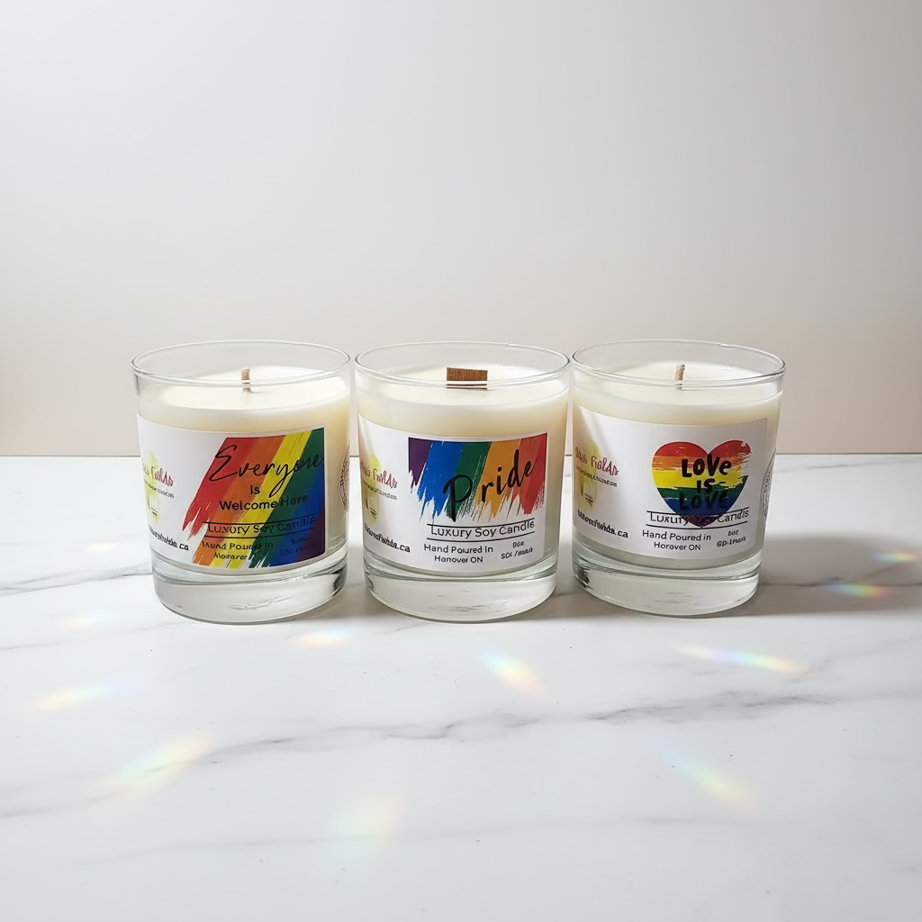 Pride Soy Candle collection, white wax in clear jars, labelled with pride