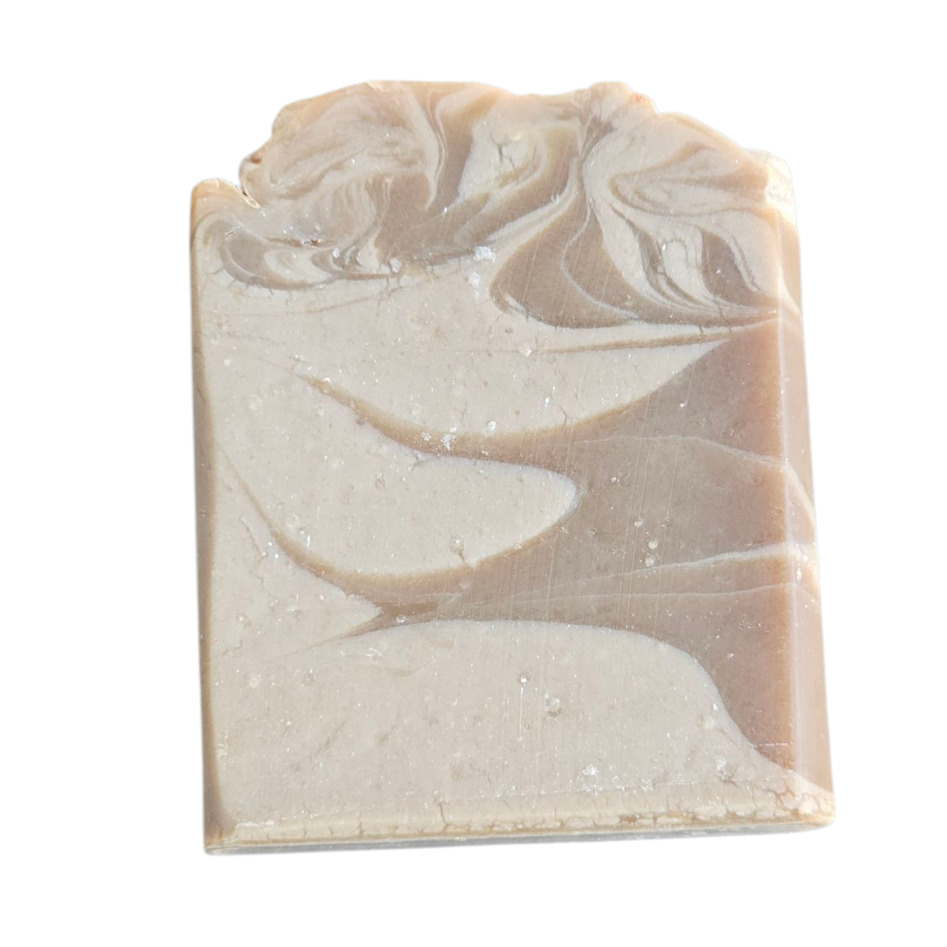 Handmade soap bar with natural marbled pattern on a white background
