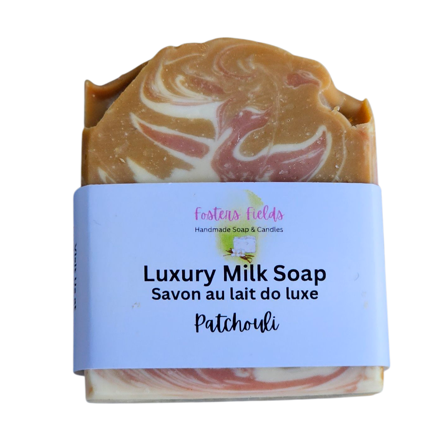 Luxury milk soap with a swirled design on a white background, Pathouli handmade soap, neutral colors