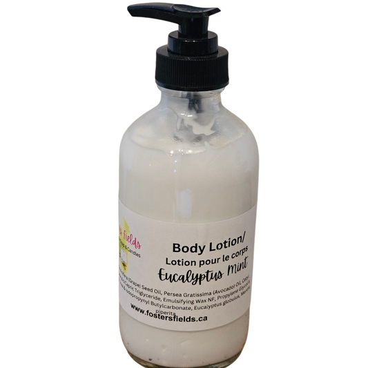 Body lotion bottle with pump on a white background, EUcalyptus Mint