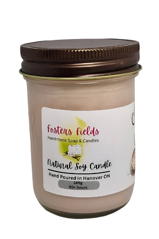 hand poured soy candle in 8oz jar, scented with spicy chai latte. color is light brown
