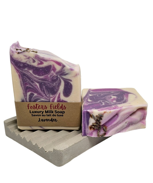 handmade cold process lavender soap, coconut milk white and purple swirls